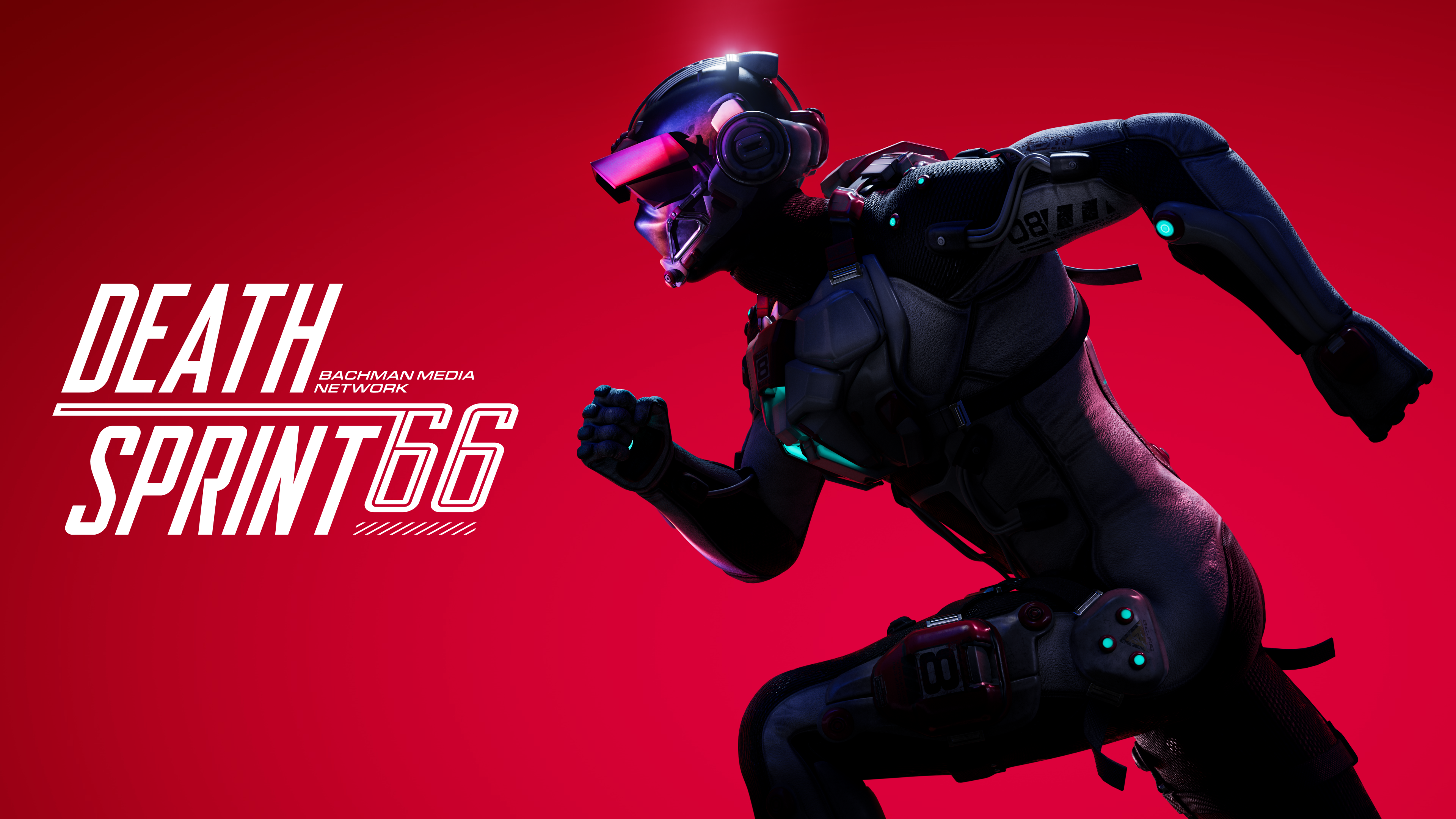 Key art for DEATHSPRINT 66, featuring a runner sprinting to the left of the image, towards a logo for the game.